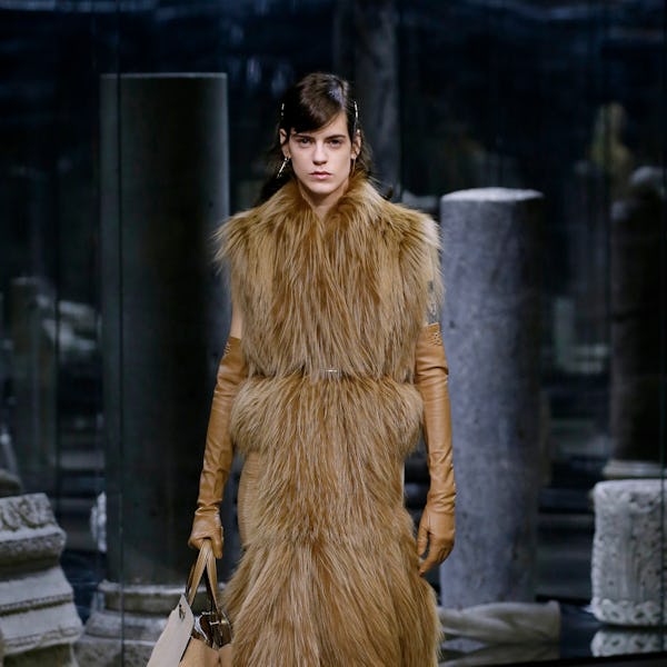 Model walks in Fendi's Fall/Winter 2021 runway show on Feb. 24, 2021.