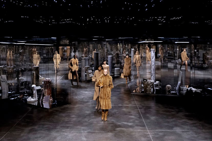 Models walking in the first Fendi Ready-to-Wear Show, the first model in fur 