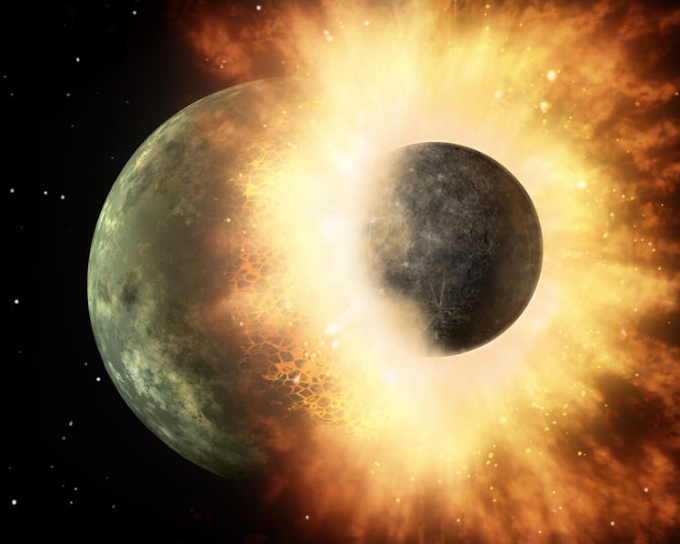 A small planet collides with a larger one, sending out molten material. 