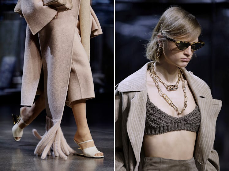Details of the Fendi spring 2021 show with one model in a knit bra and another with fur fringe on he...