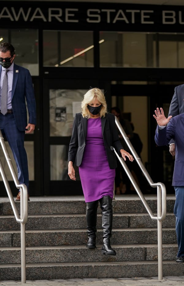 Dr. Jill Biden depart the Delaware State Building after early voting in the state's primary election...