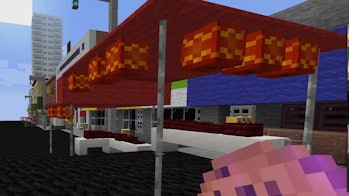 Minecraft screenshot of red Lunar New Year/Chinese New Year stalls in the virtual Chinatown