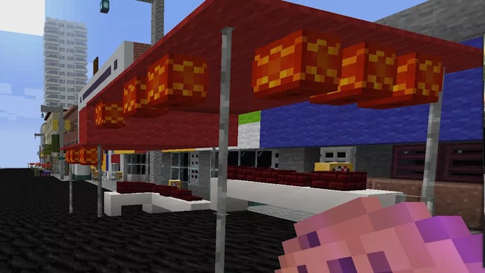 Minecraft screenshot of red Lunar New Year/Chinese New Year stalls in the virtual Chinatown