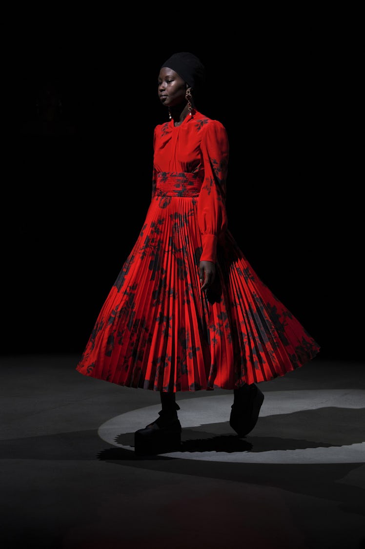 A model in an Erdem red-black dress at the London Fashion Week
