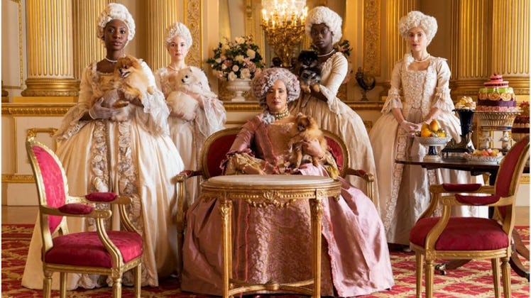 Queen Charlotte and her ladies maids in "Bridgerton" season one.