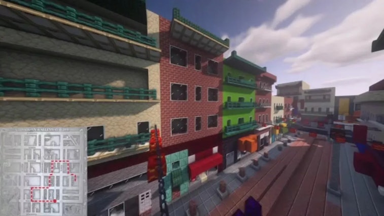 Minecraft tour of Chinatown screenshot with a map in the lower left corner