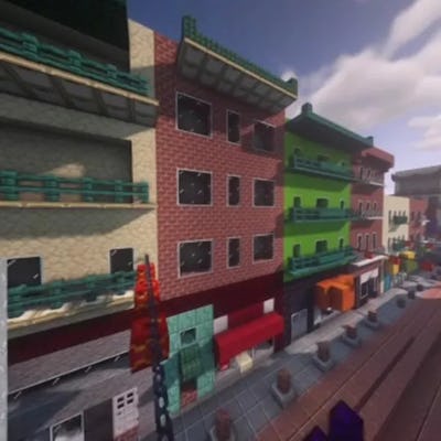 Minecraft tour of Chinatown screenshot with a map in the lower left corner