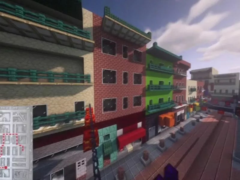 Minecraft tour of Chinatown screenshot with a map in the lower left corner