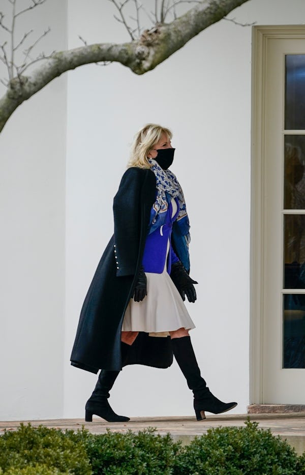 First Lady Dr. Jill Biden walks back to the White House residence on January 29, 2021 in Washington,...