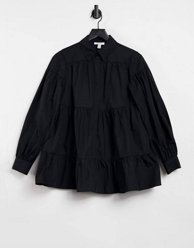 Topshop tiered poplin shirt in black