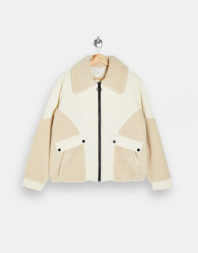 Topshop bomber jacket with borg trim in cream