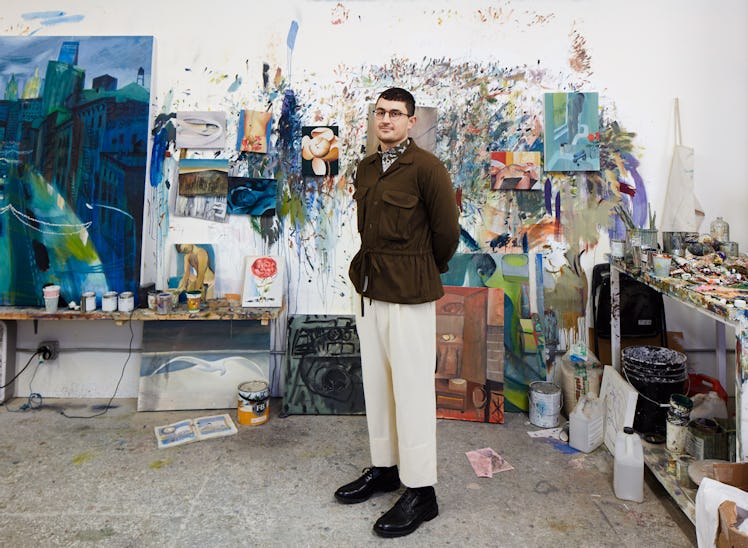 Louis Fratino in his Queens studio in front of various works in progress. 