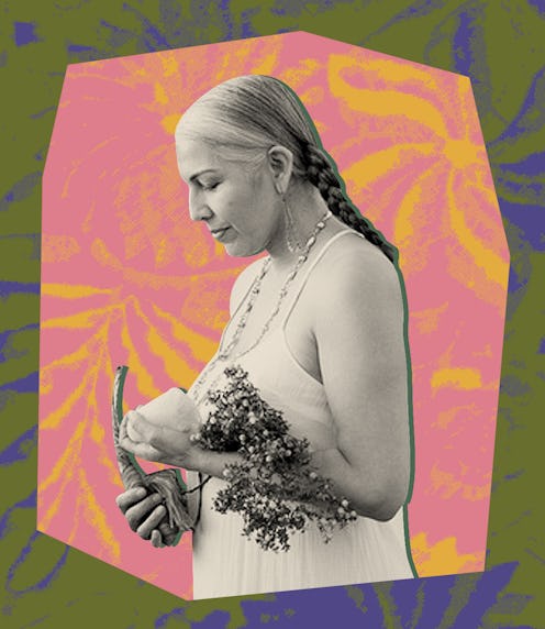 A collage photo with Felicia Cocotzin Ruiz, Kitchen Curandera carrying natural products she uses for...