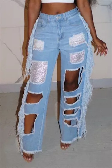 Know Fashion Style Light Blue Fashion Sexy Regular Patchwork Jeans