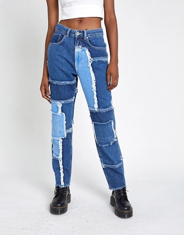 The Ragged Priest Mom Jeans in Patchwork Denim