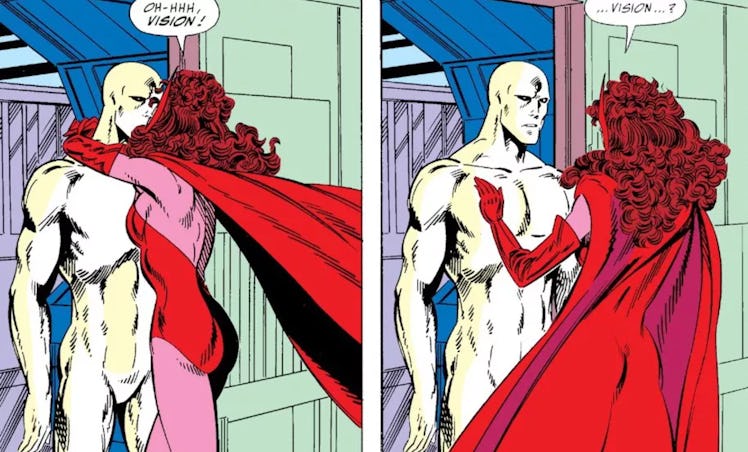A comic frame of Vision and Scarlet Witch from West Coast Avengers.
