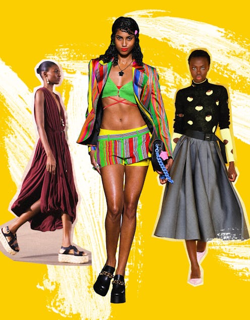 Three models wearing outfits representing Spring's trickiest runway trends