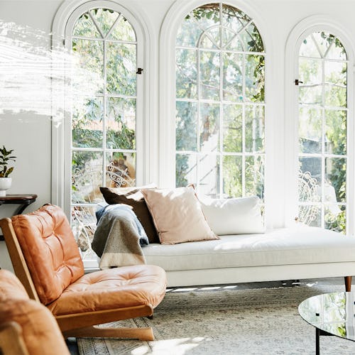 A living room with a white couch, brown leather armchair and great lighting and a plant