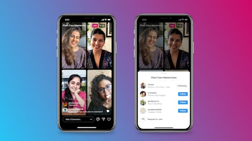 A preview of Instagram Live Rooms is featured on two phones on front of a blue, purple, and pink bac...