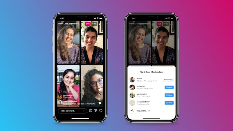 A preview of Instagram Live Rooms is featured on two phones on front of a blue, purple, and pink bac...
