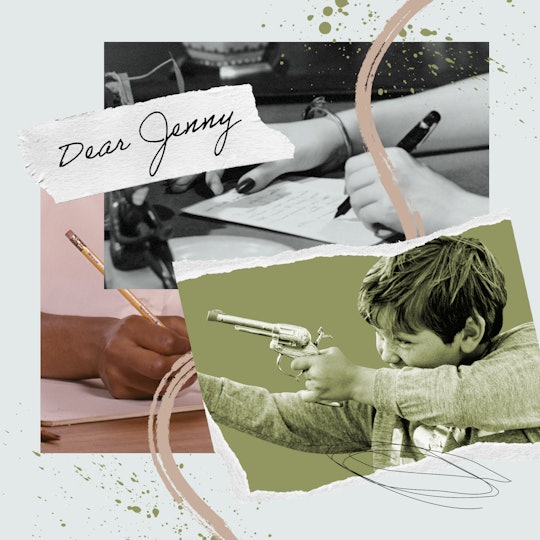 A collage with kids playing with guns and the text 'Dear Jenny'