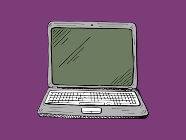 Cartoonish illustration of a white laptop with a black keyboard 