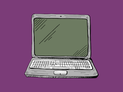 Cartoonish illustration of a white laptop with a black keyboard 