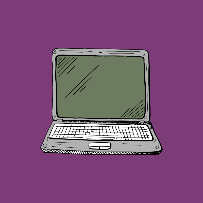 Cartoonish illustration of a white laptop with a black keyboard