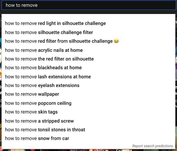 A screenshot of YouTube search suggestions.