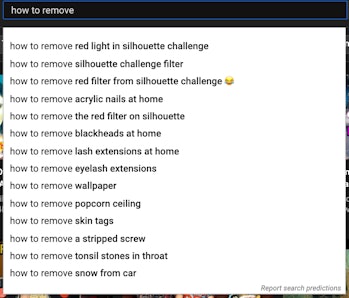 A screenshot of YouTube search suggestions.
