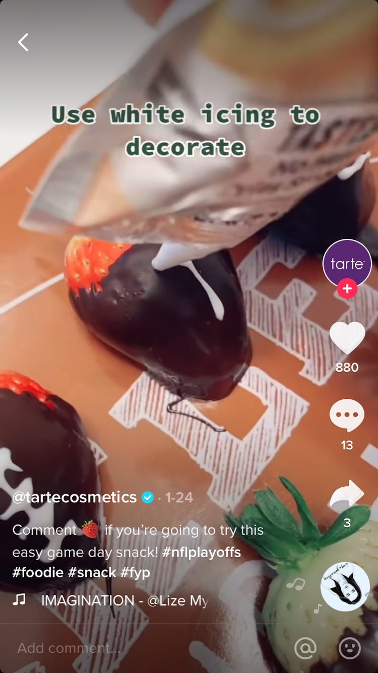 @Tartecosmetics shares a Super Bowl recipe by turning chocolate-dipped strawberries into footballs.