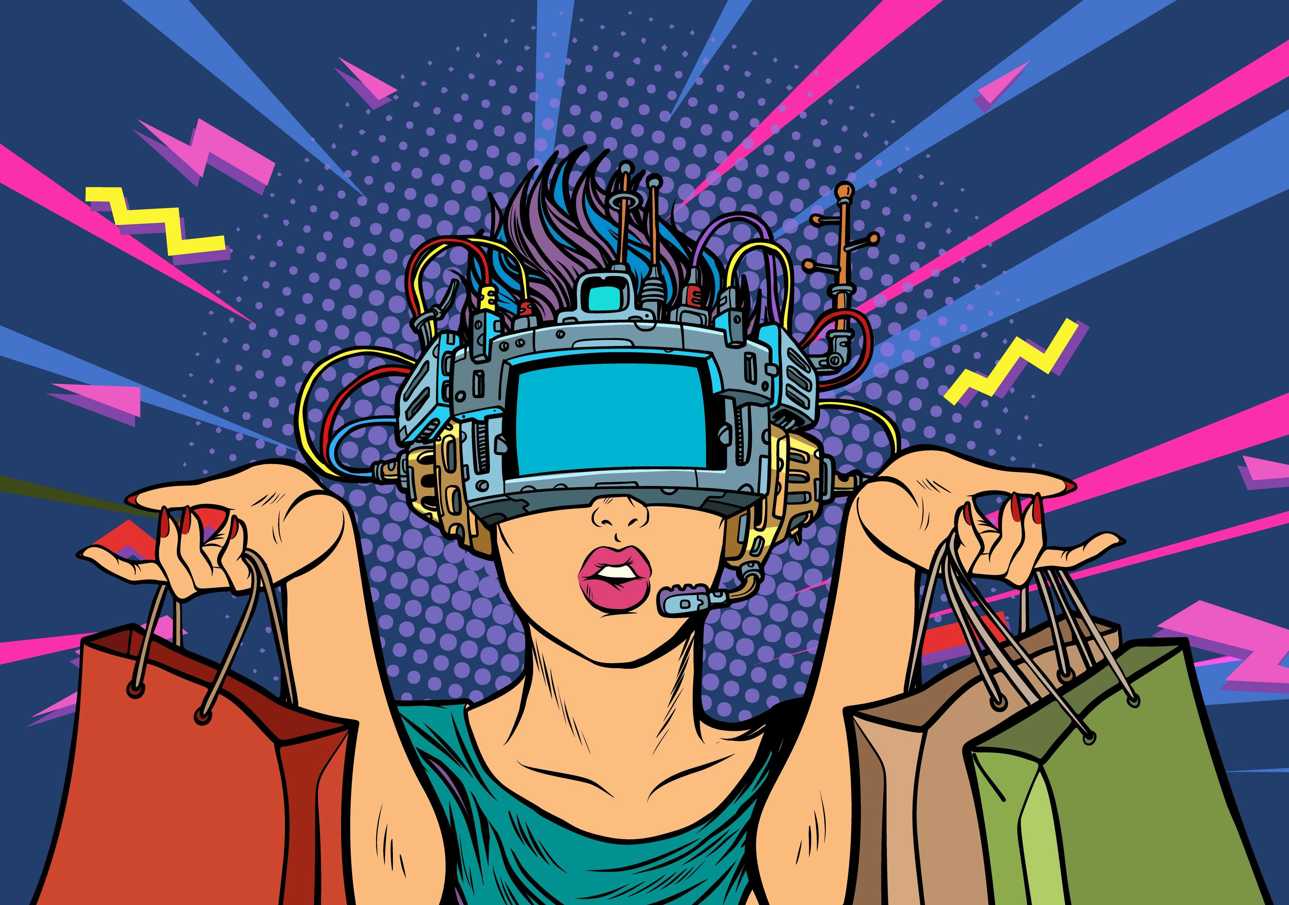 woman shopping on sale. virtual reality VR glasses. Pop art retro vector illustration vintage kitsch