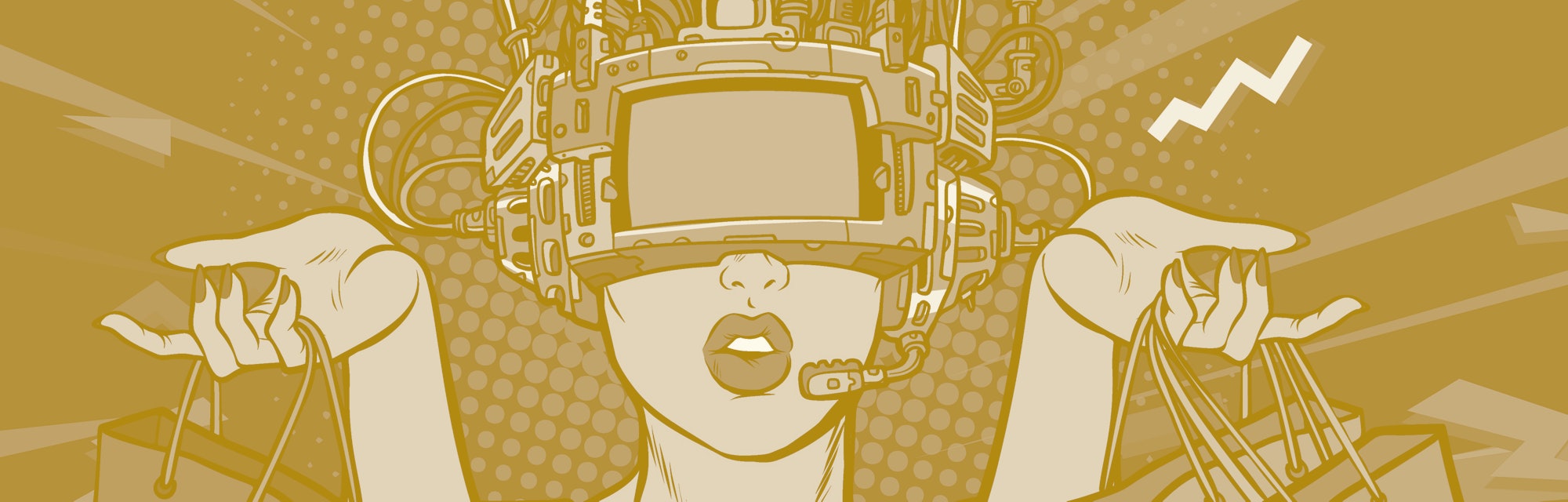 woman shopping on sale. virtual reality VR glasses. Pop art retro vector illustration vintage kitsch