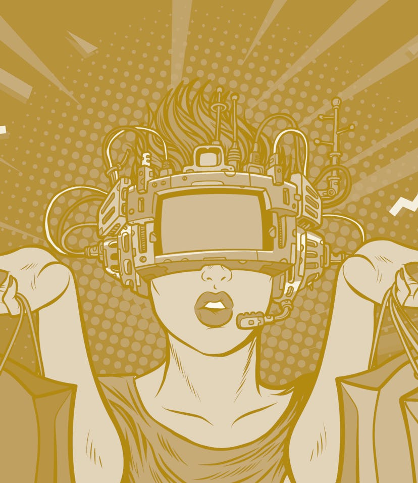 woman shopping on sale. virtual reality VR glasses. Pop art retro vector illustration vintage kitsch
