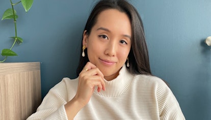 Marina Liao in Chanel earrings and Madewell set for The Shopping List series on The Zoe Report.