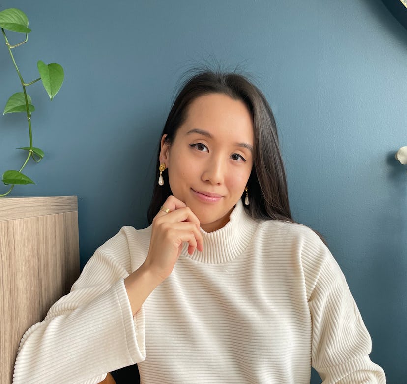 Marina Liao in Chanel earrings and Madewell set for The Shopping List series on The Zoe Report.