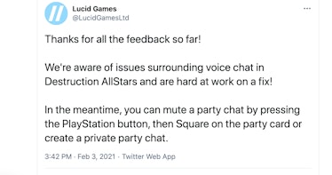 lucid games tweet destruction allstars voice chat