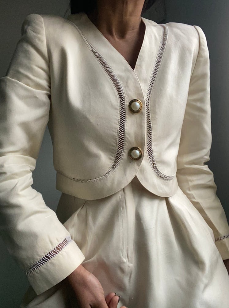 Rare Silk Semi Cropped Pearl Button Blazer