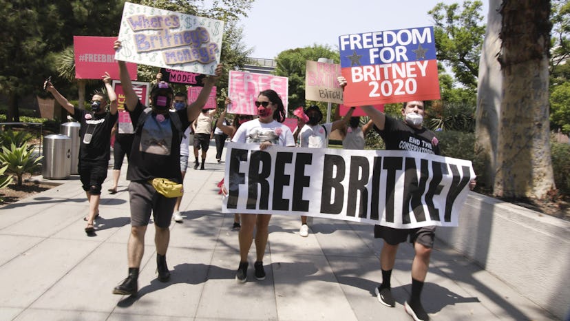 #FreeBritney protestors in a photo from "Framing Britney Spears" via the FX press site
