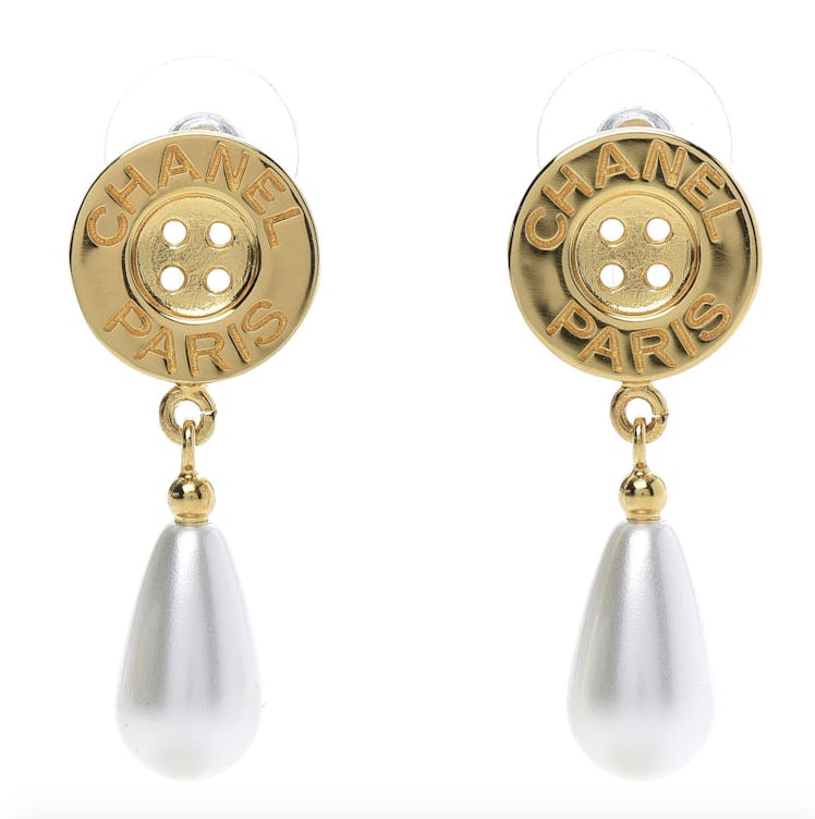 Metal Pearl Paris Button Drop Earrings Gold
