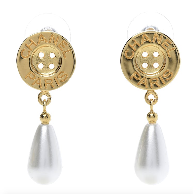 Metal Pearl Paris Button Drop Earrings Gold