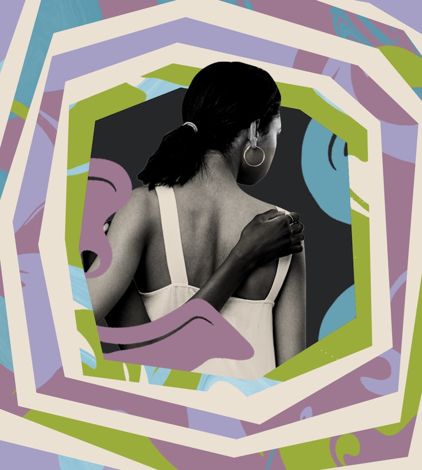 The back of a woman in a dress and her hair up in black and white and a purple, green and white abst...