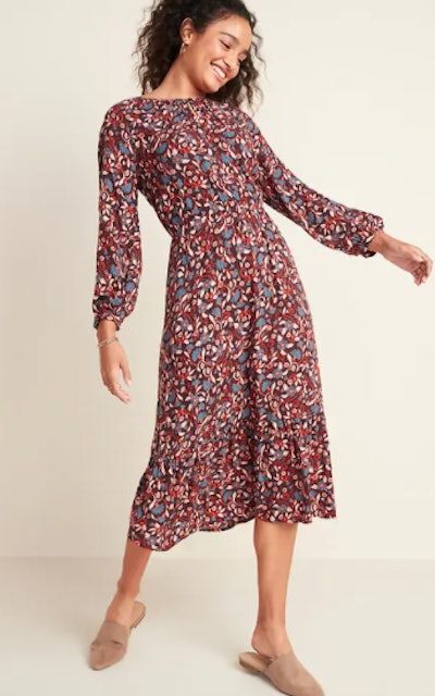 Floral-Print Waist-Defined Midi Dress for Women
