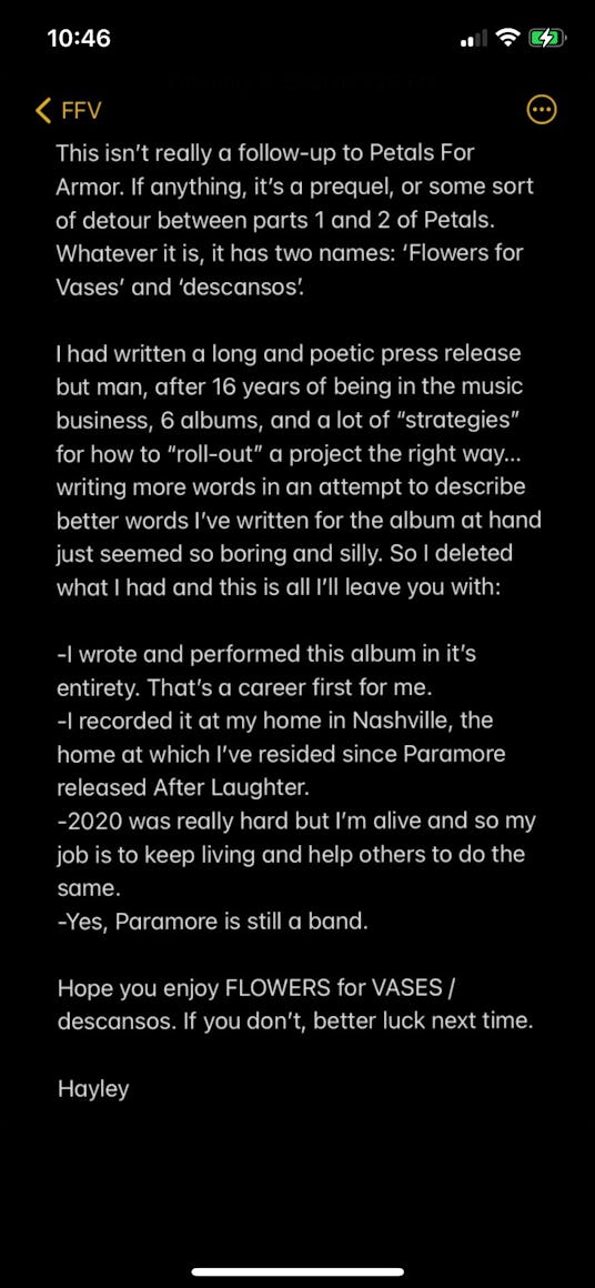 A screenshot of Hayley Williams' Instagram story, which details the arrival of her upcoming second s...