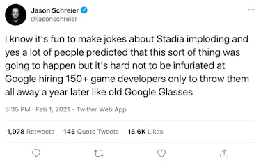 Jason Schreier tweeting "I know it's fun to make jokes about Stadia imploding and yes a lot of peopl...