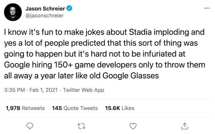 Jason Schreier tweeting "I know it's fun to make jokes about Stadia imploding and yes a lot of peopl...