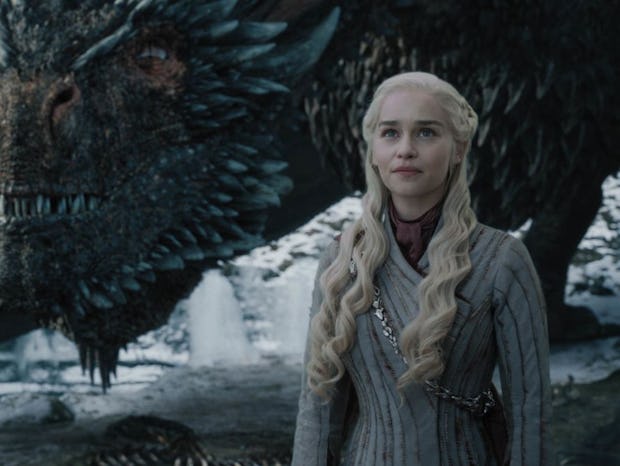 Daenerys Targaryen standing next to Drogon in the series 'Game of Thrones'