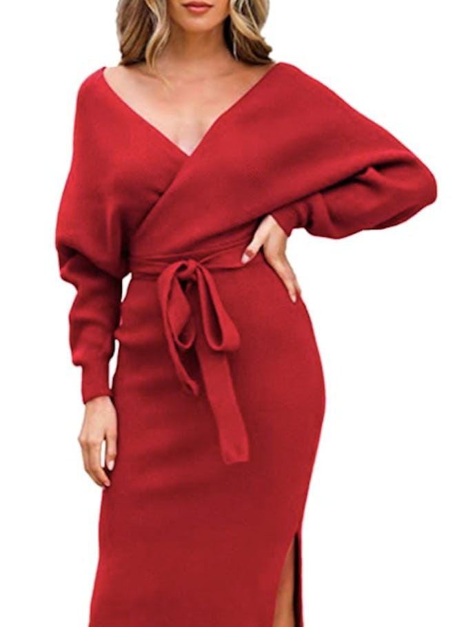 Fixmatti Women's Elegant V Neck Wrap Knit Dress