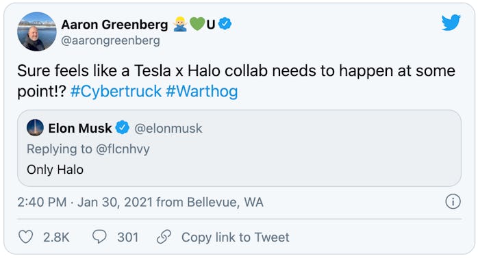 Aaron Greenberg Xbox Tesla collab tweet.