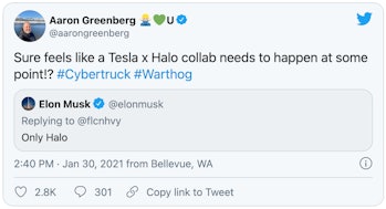 Aaron Greenberg Xbox Tesla collab tweet.